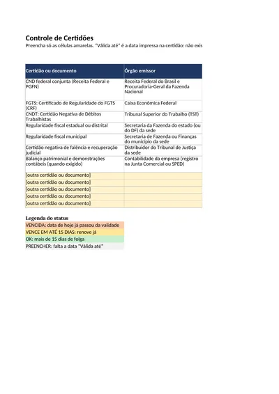 Planilha de controle de certidões